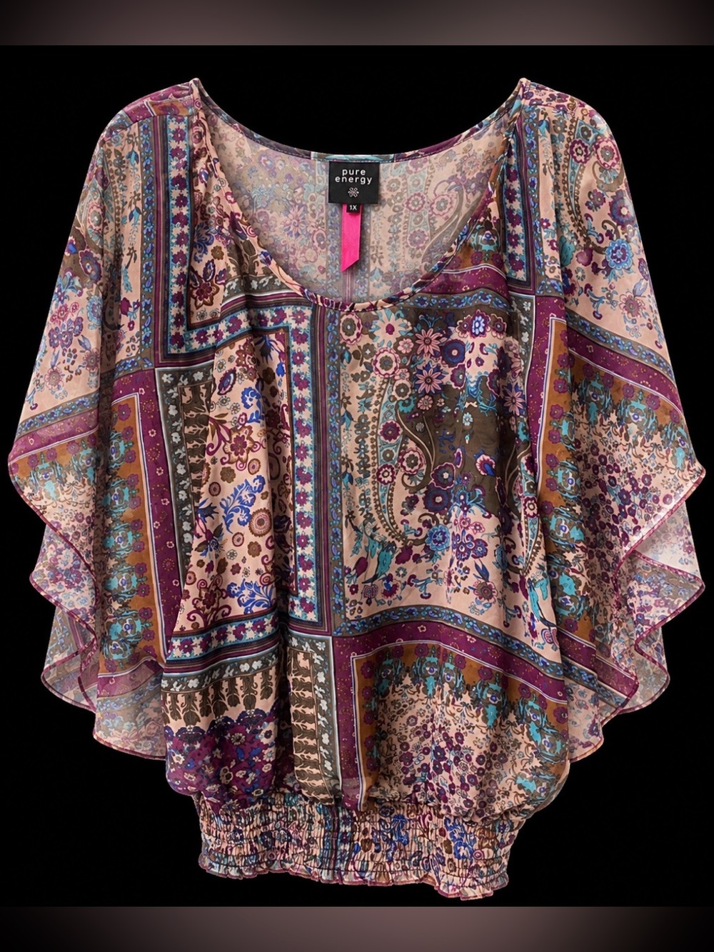 Pure Energy - retro Y2K- Sheer Floral Patchwork -Boho Top in Autumn tones